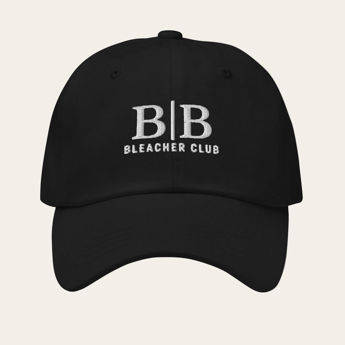 B | B Bleacher Club black embroidered hat front view