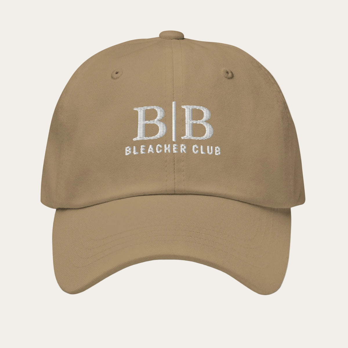 B | B Bleacher Club khaki embroidered hat front view