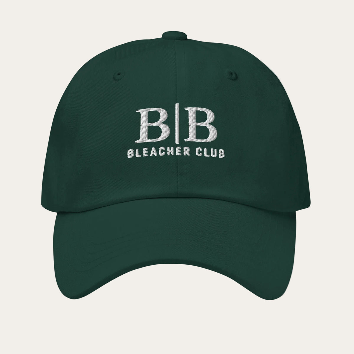 B | B Bleacher Club green embroidered hat front view