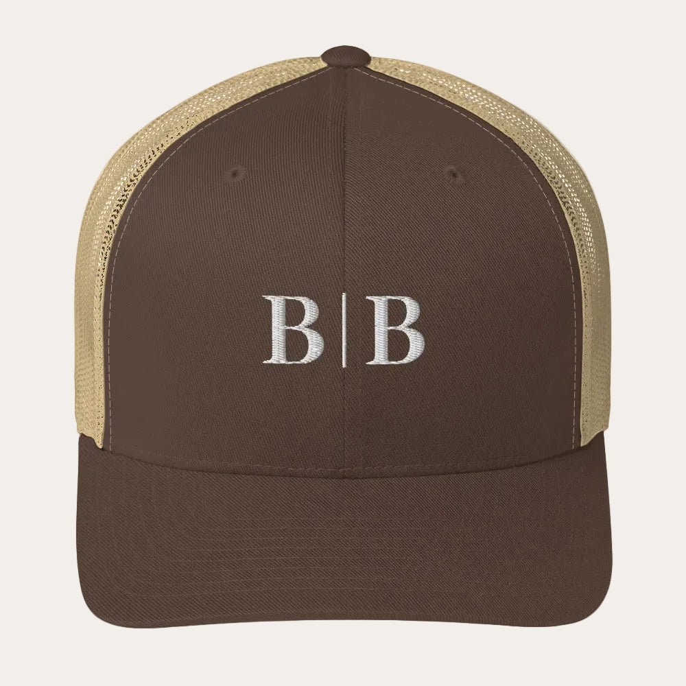 B | B brown and khaki mesh-back trucker hat front view
