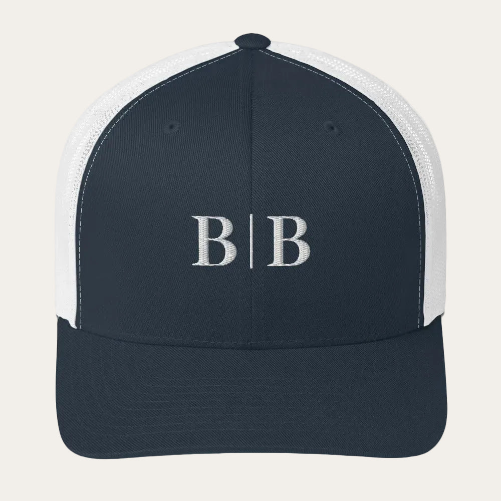 B | B navy mesh-back trucker hat front view
