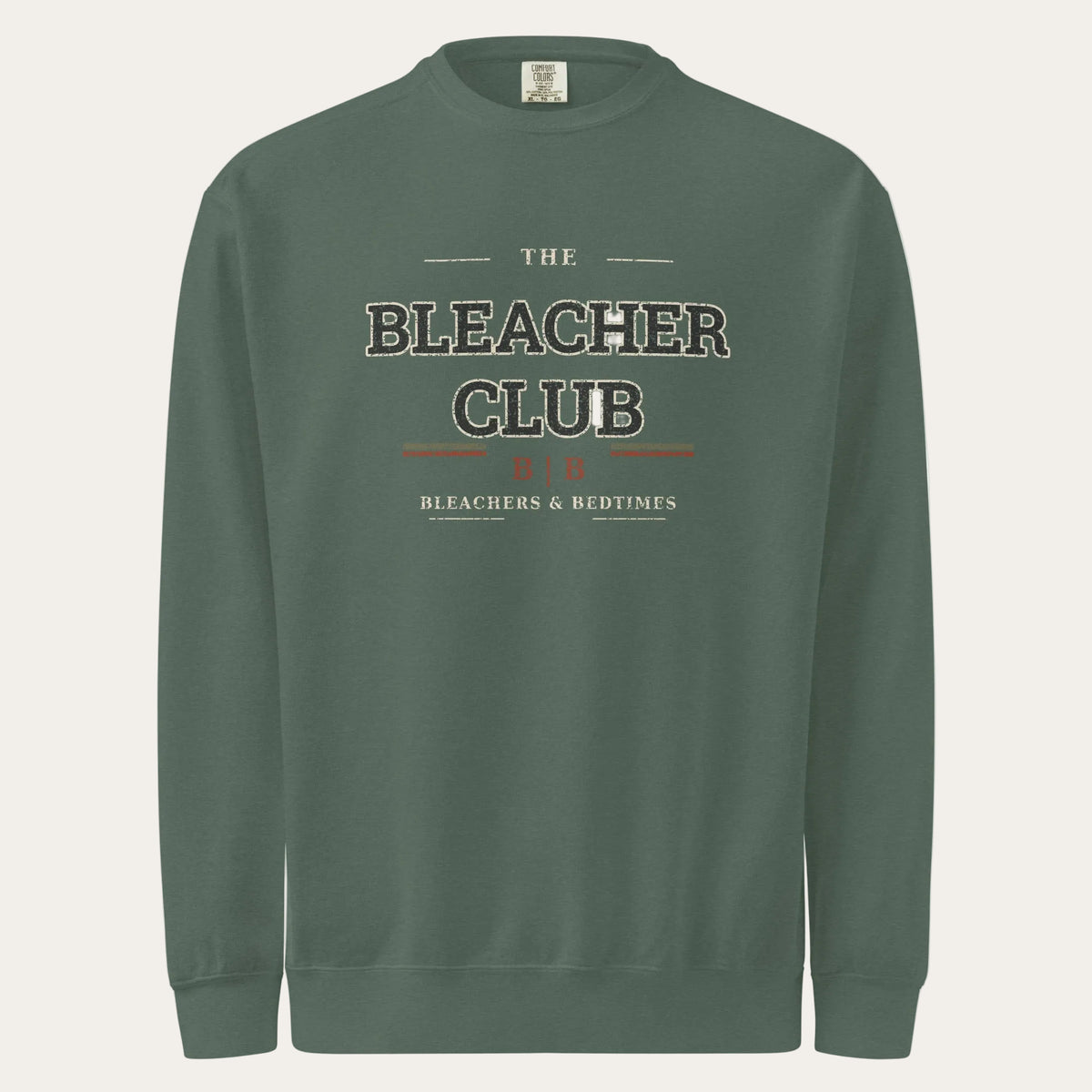 The Bleacher Club Blue Spruce garment-dyed crewneck front view