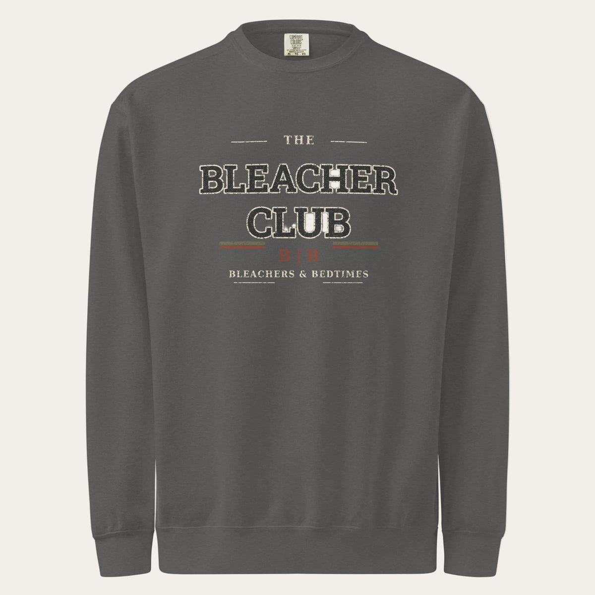 The Bleacher Club pepper garment-dyed crewneck front view